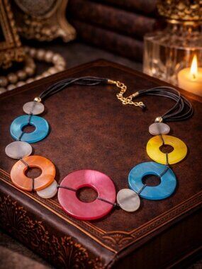 Vintage 80s Lucite Disc Necklace Multicolor Statement Rope Strand